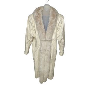 Vintage Ivory Full Length Leather Fur Trim Coat Womens Large Toledo Furs Marquis